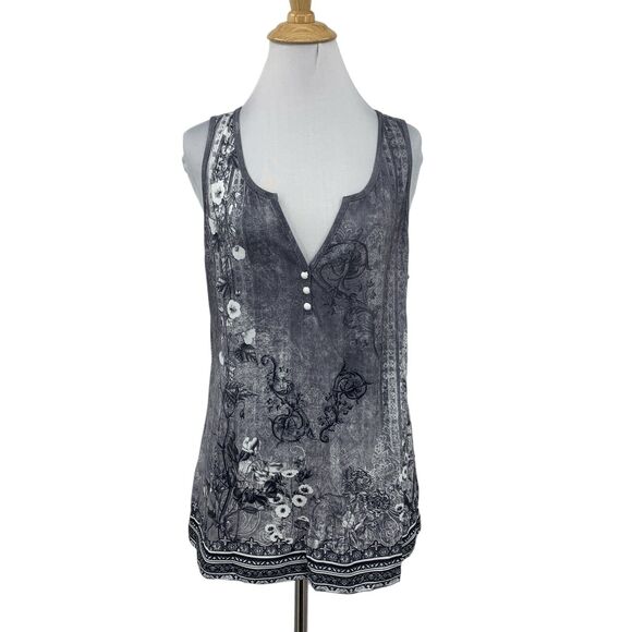 Noracora Jersey Tank Top Women L Large Gray Notch Neck Floral Geo Print Pullover - Picture 1 of 15
